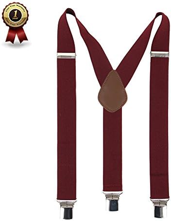 Men’ s Y Back Suspenders with 3 Quality Controlled Clips &amp; 1.4” Wide Braces &amp; Heavy DutY (Wine Red)