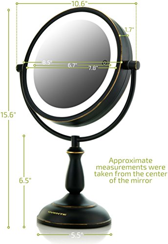 Ovente 8.5” Dual-Sided LED Lighted Makeup Mirror with Timer, Battery or Cord Operated, SmartTouch with 3 Light Tones (Cool, Warm, Natural Daylight), 1x7x Magnification, Oil-Rubbed Bronze (MPT85BZ1X7X)