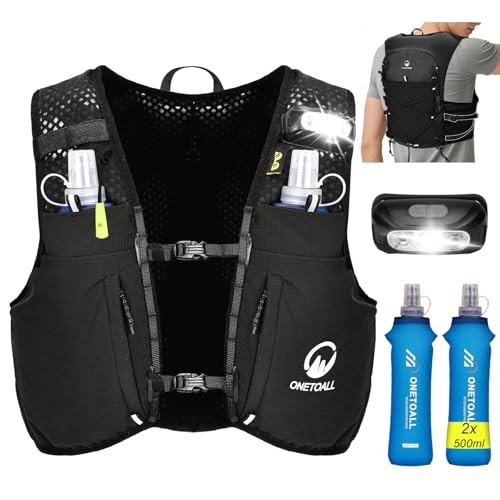 ONETOALL Women's Running Vest with 2 Foldable Water Bottles, 500 ml, Hydration Vest Running Vest Running Backpack Hydration Backpack Reflective for Marathon Trail Running Jogging Cycling
