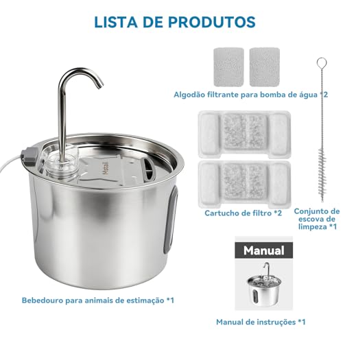 Mstail Fonte de Água pra Gato, Bebedouro para Gatos Silenciosa Inox Carvão Ativado LED Indicador Fonte De Água para Cães e Gatos (2,2L, TY10)