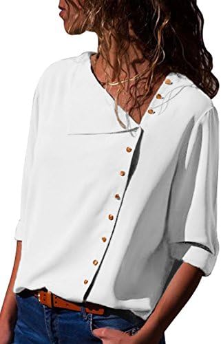 Ecrocoo Women Button Down V Neck Color Block Stripes Casual Cuffed Long Sleeve Chiffion Blouse Tops
