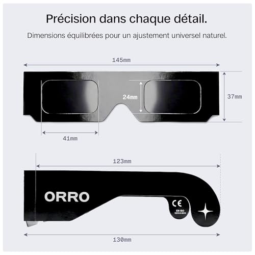 ORRO Lunettes d’éclipse solaire 37 mm, Lot de 2/6/12/50, Noires, Protection oculaire certifiée, Testées EN ISO 12312-2:2015, Marquage CE pour observation directe du soleil - Coupe classique