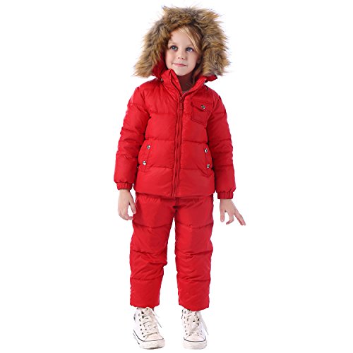 ZOEREA 2 Piece Unisex Kids Girls Snowsuit Hooded Puffer Jacket Snow Pants Red, Label XL/Age 3-4T