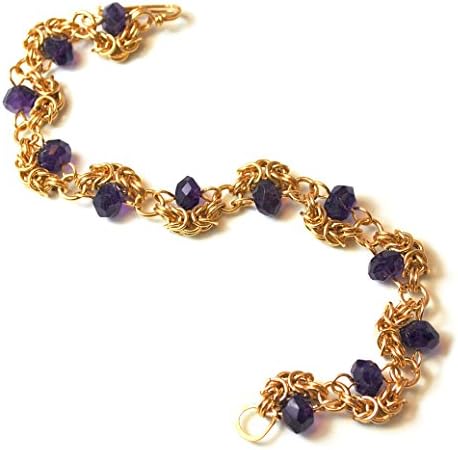 Chain Maille Bracelet with Natural Amethyst, Artisan Crafted in 14K Gold Filled; One of a Kind