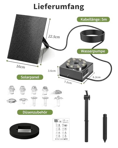 Boadw Fuente Solar para Exteriores 8W con batería 1800mAh –Bomba de Estanque Solar, Ideal para abrevadero de pájaros, pequeño Estanque y Juegos de Agua – 10 Estilos de Chorro y 8 LED de Colores