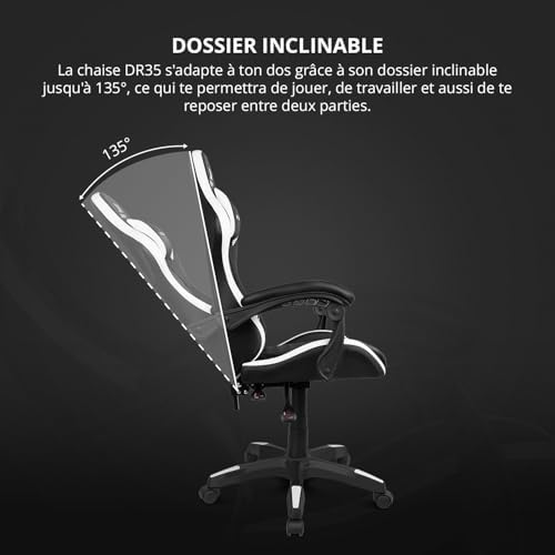DR35 - Chaise Professionnelle, Similicuir, Accoudoirs rembourrés, Piston Classe 3, Base en Nylon renforcé, Siège inclinable, Hauteur réglable, Coussin Lombaire/Cervical, Noir/Blanc