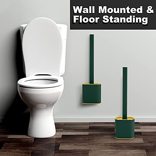 Onlyesh Silicone Toilet Brush with Holder, Wall Mounted Toilet Brush Set with Drain Pad & Extra Hook, Deep Cleaner Toilet Brushes with No-Slip Plastic Handle, for Bathroom Toilet (Green)