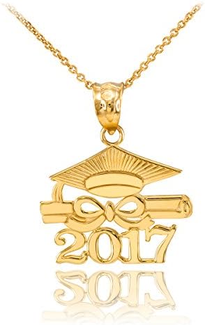 14k Yellow Gold Diploma &amp; Cap Charm 2017 Graduation Pendant Necklace, 18"