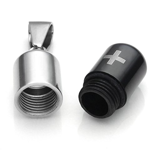 Zysta Silvery Black Stainless Steel Cross Pill Storage Container Pendant Necklace with Curb Cable Link Chain 18" - 26"