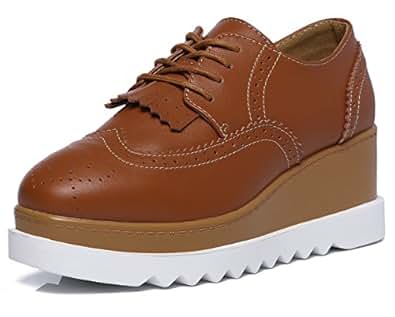 DADAWEN Women's Platform Oxford Shoes Fashion Tassels Square-Toe Lace-up Shoes Wedge Heel Brown 8 US DADAWEN Women's Platform Oxford Shoes Fashion Tassels Square-Toe Lace-up Shoes Wedge Heel Brown 8 US
