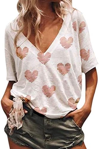 Summer Casual T Shirt for Women V-Neck Loose Blouse Loose Baggy Soft and Comfortable Tops Heart-Shaped Print Shirts Short Sleeve Basic Tunic Pullover