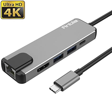 USB C Hub Adapter, Anble 5-in-1 USB Type C(Thunderbolt 3) Converter with HDMI 4K, 2 Ports USB 3.0, USB C Power Charging, Gigabit Ethernet for MacBook/MacBook Pro 2016/2017, Google Chromebook – Grey