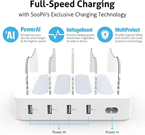 SOOPII Charging Station for Multiple Devices, 4-Port Charger Station with 6 Mixed Charging Cables, Desk Organizer Docking Station for Phones, Tablets and Other Electronics, USB