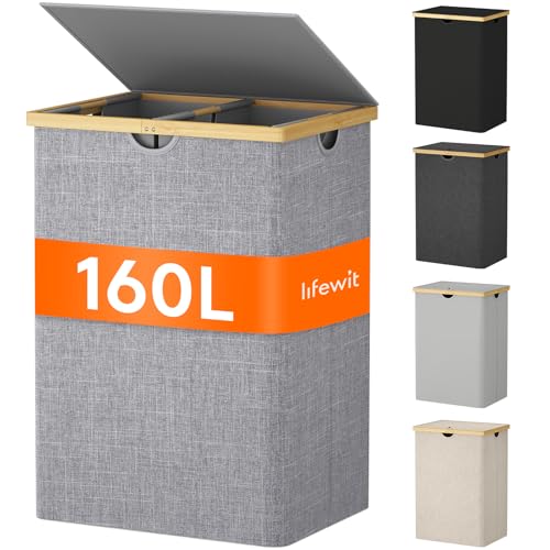 Lifewit 160L Bambus Wäschekorb mit Deckel, Faltbar Wäschesammler 2 Fächer Wäschesortierer mit Abnehmbarem Wäschesack Bambus Griffen Wäschebox Laundry