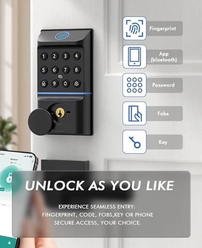 Asidrama Smart Fingerprint Door Lock Deadbolt with Keypad - Keyless Entry via Biometric, APP, Code, Keys & Card for Bedroom, Office, Hotel, Apartment - Black