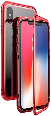 iPhone X Case, TUPELO Ultra Slim Case [Magnetic Adsorption Technology] [Tempered Glass Back] [Metal Frame] [Support Wireless Charging] for iPhone (Red Frame + Clear Back)