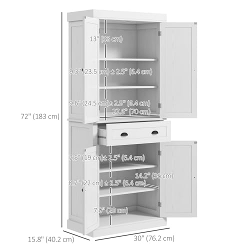 HOMCOM 72" Tall Kitchen Pantry Cabinet, Modern Buffet Storage Cabinet with 4 Recessed Doors, Drawer and Adjustable Shelves, White