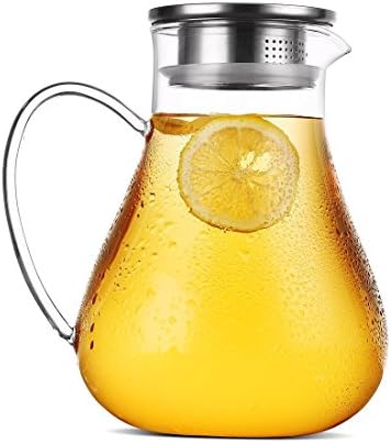CENSUN 1.9L/66oz Juice Ice Tea Infuser, Orange/Coffee Teapot, Glass Pitcher Carafe with Stainless Steel Lid, Hand Made Water Jug