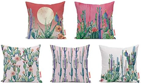 Ecomic Green Plant Cactus Burlap Throw Pillow Case Cushion Cover Home Office Indoor Decorative 18 x 18 Inches, Set of 5