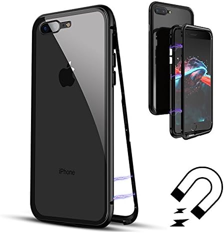 iPhone 7 Plus/8 Plus Case, TUPELO Ultra Slim Lightweight Case [Magnetic Adsorption Technology] [Metal Frame Tempered Glass Back] [Support Wireless Charging] (Black Frame + Clear Back)