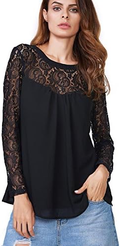 vanberfia Women's Sexy O Neck Casual Blouse Tops Lace Long Sleeve Blouse Tops