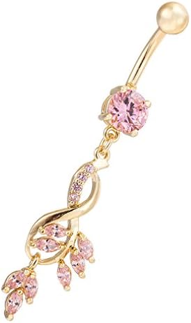 Fashion Women Body Piercing Jewelry 14G Hypoallergenic Stainless Steel Cubic Zirconia Belly Button Ring Navel Rings Crystal Flower Gold Leaf Long Dangle Gold With Diamond Light Rose