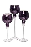 Hosley Set of 3 Crackle Glass Tealight Holders - Your Choice of Colors - 12 Inch, 10 Inch, 9 Inch (1-Purple)