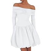 LAGSHIAN Women's Off Shoulder Mini Bubble Dress Long Sleeve Cute Drop Waist A Line Party Dresses