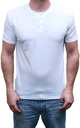 Henley Mens  Short Sleeve TShirt with 3 Buttons, Solid White, Large