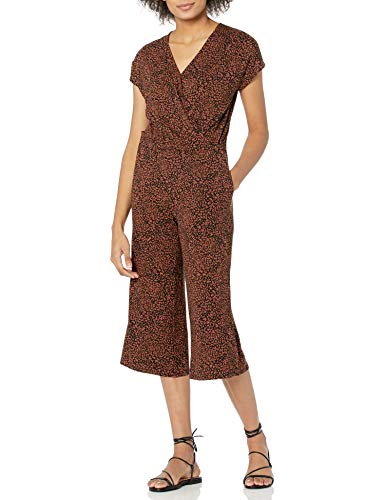 Amazon Essentials Damen Kurzärmeliger Surplice-Jumpsuit, Verkürzt, mit Weitem Bein, Braun Tiermuster, S