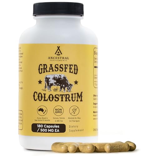 Ancestral Supplements Grass Fed Beef Colostrum Supplement, 3000 mg, Offers Immune Support and Promotes Gut Health, Athletic Performance, Healthy Iron Levels, Growth and Repair, Non GMO, 180 Capsules