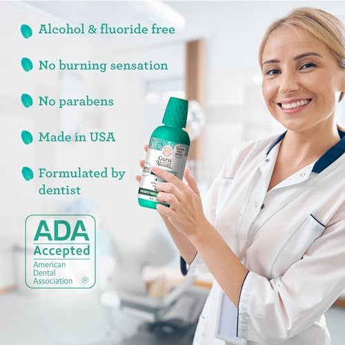 GURUNANDA ORAL RINSE FRESH BREATH MOUTHWASH, ADA-ACCEPTED ALCOHOL-FREE MOUTHWASH, 7 ESSENTIAL OILS & VITAMINS, SLS & FLOURIDE-FREE, WILD MINT, 16 OZ