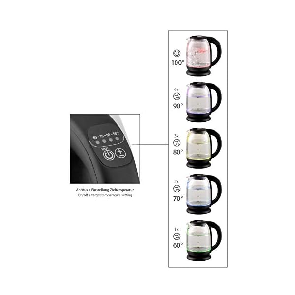 T24 Wasserkocher Glas 1,7 L mit Temperatureinstellung 60-100 Â°C, 2.200W Schwarz mit LED Beleuchtung – Bild 4