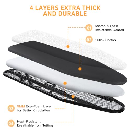 Keqin Large Ironing Board Full Size 131 * 33cm with Heat Resistant Cover,Adjustable Height (69-88cm),Non-Slip Legs and Safety lock Buckle Design Ironing Board and Iron Rest (Black)