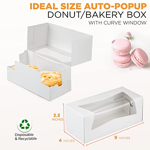 [25 Pack] 9x4x3.5” White Donut/Bakery Box with Window AutoPopup