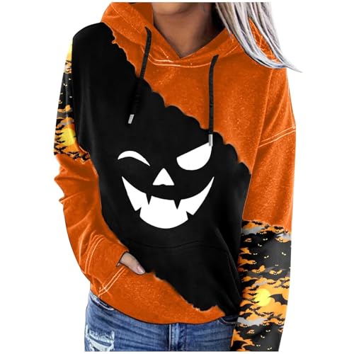 Sweatshirts for Women UK Halloween Hoodies for Women With Pocket Oversized Comfortable Pullover Top with Fashion Graphic Pumpkin Print Lightweight Fall Halloween Jumper Womens A Black