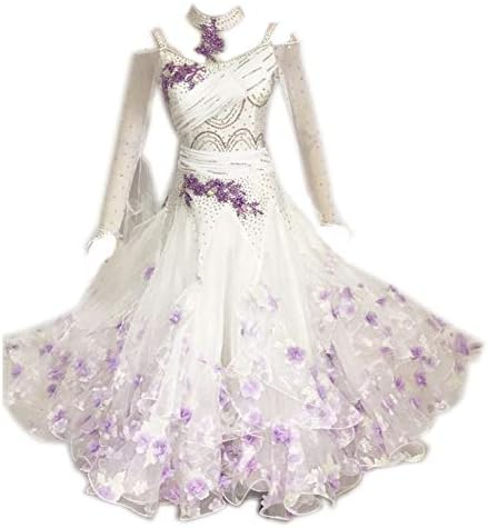 Garudaサイズオーダー品 正規認証品 新規格 正装ドレス 競技会発表会社交ダンスドレスワンピース 紫花柄 ホワイト