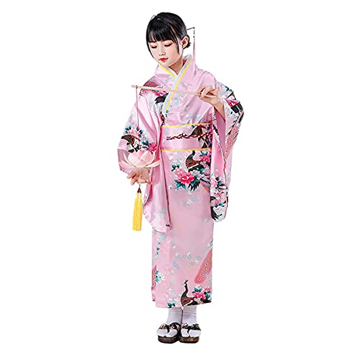 QYUU Japanese Kimono Kids Dress Traditional Peacock Flower Long Yukata  Haori Costume Geisha Girls Fancy Dress