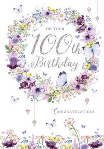 Pizazz Pretty Female Birthday Card From the Range - On Your 100th Birthday - Artistic Floral Wreath and Butterflies - Stunning Flitter and Foil Finish - Greeting Card For Her (NQ-DS609)