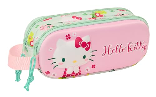 SAFTA Hello Kitty 3D Trousse Double 3D, Trousse pour Enfant, idéale pour Les Enfants d'âge Scolaire, Confortable et Polyvalente, qualité et résistance, 21 x 6 x 8 cm, Rose/Vert, Rose/Vert, Estándar,