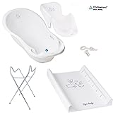 Bañera para bebés (86 cm) Luxus con 5 piezas - Tapón para bañera Asiento Soporte cambiador blanco Häschen - white Talla:5-Set Premium Ständer