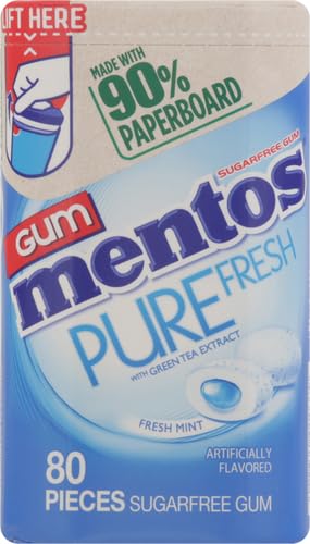 MENTOS PURE FRESH SUGAR-FREE CHEWING GUM WITH XYLITOL, FRESH MINT, IN A RECYCLABLE 90% PAPERBOARD BOTTLE, 80 PIECE (PACK OF 1)