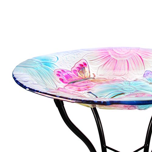 HONGLAND Birdbath Outdoor Bird Feeder Glass Butterfly Bowl for Garden with Metal Stand Decor for Patio,Backyard,Porch - Thumbnail 3