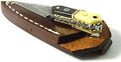 GREYWOLF 3.5 Inches Handmade Damascus Mini Knife Dagger, Well Designed Camel Bone Handle with Olive Wood comes with a leather sheath. (WOOD+BONE)