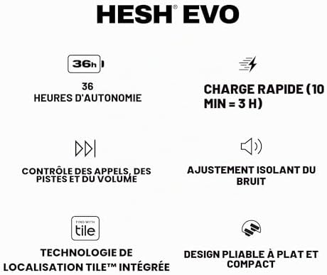 Hesh Evo Casque Supra-Auriculaire sans Fil, Autonomie 36 h, Microphone, Compatible iPhone + Android + Appareils Bluetooth - Noir