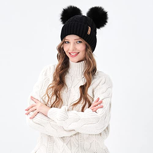 Arctic Paw Pom Pom Beanie Cable Knit Fleece Lined Winter Beanie - Main Image