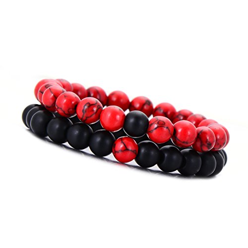 Pipitree 2 pcs/set Distance Friendship Bracelet Couple Jewelry Men Howlite Bead Stretch Bracelet (Red)