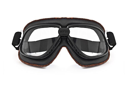 Vintage Motorcycle Goggles in Black Leather and Orange Stitching with Anticrash Lenses By Bertoni Italy - AF196B - Motorbike Aviator Goggles