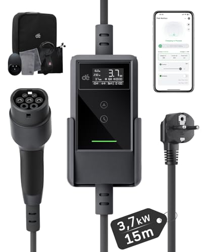 Dé Car Charger 3.7 kW 15 m 6-16 A, Portable Electric Car Charger Type 2 Schuko with LCD, Electric Car Charging Cable, Charging Column for Model 3/Y, 500e, e-208, Other EV/PHEV