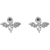 20G CZ Bat Flat Screw Back Small Stud Earrings for Women Men Stainless Steel Silver/Gold Plated Crystal Animal Cartilage Tiny Tragus Piercing Sleeper Studs Fashion Hypoallergenic Jewelry